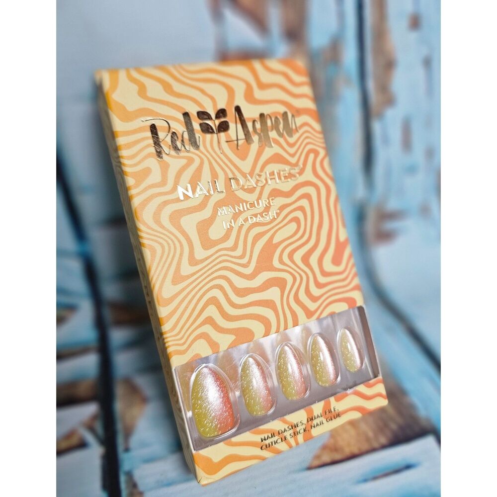 Red Aspen Solar Flare Sonya Medium Almond Press On Nails Orange Yellow Ombre NEW